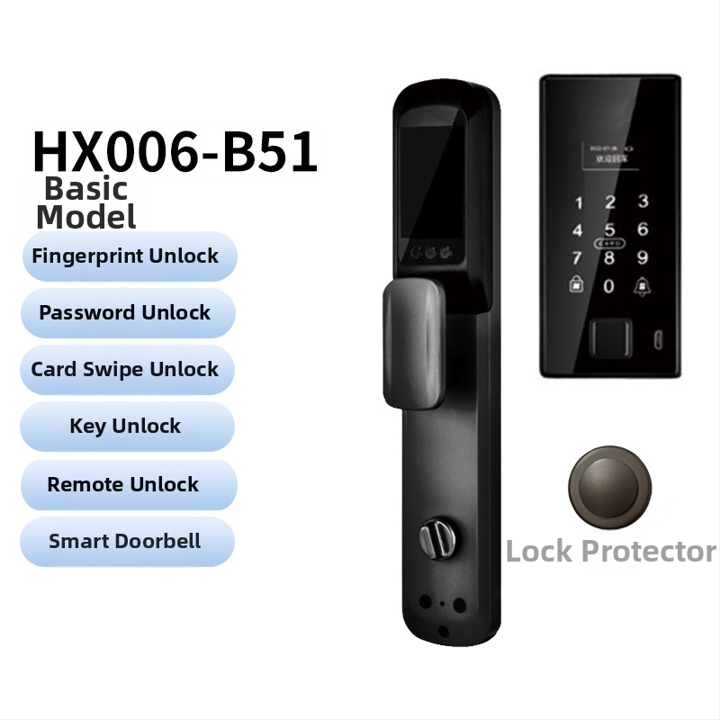 Умна биометрична заключалка за врата с лицево разпознаване и отпечатък, водоустойчива, дистанционно отключване, капацитет на отпечатъци 100, над 100000 отключвания, време за сканиране <0.5 s, фалшиво разпознаване <0.001%, DC захранване