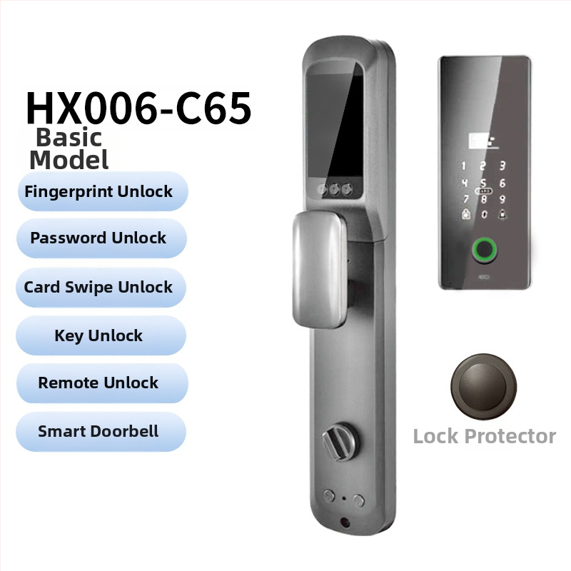 Умна биометрична заключалка за врата с лицево разпознаване и отпечатък, водоустойчива, дистанционно отключване, капацитет на отпечатъци 100, над 100000 отключвания, време за сканиране <0.5 s, фалшиво разпознаване <0.001%, DC захранване