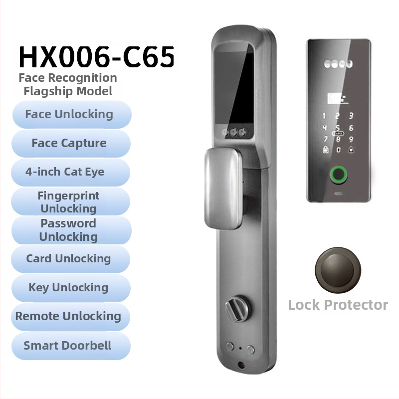 Умна биометрична заключалка за врата с лицево разпознаване и отпечатък, водоустойчива, дистанционно отключване, капацитет на отпечатъци 100, над 100000 отключвания, време за сканиране <0.5 s, фалшиво разпознаване <0.001%, DC захранване