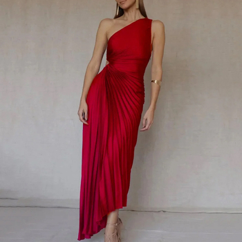 Šaty s jedným ramenom, bez rukávov, plisované, s vysokým pásom, polyester