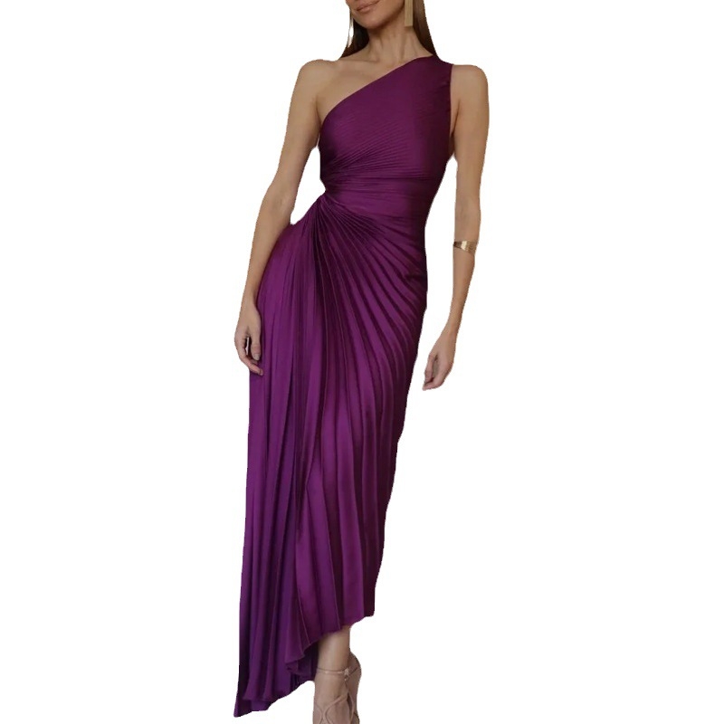 Šaty s jedným ramenom, bez rukávov, plisované, s vysokým pásom, polyester