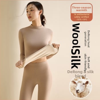 Set de lenjerie termică pentru femei din fibră de poliester, guler semi-turtleneck, strat dublu, țesătură groasă 251-300 g/m², căptușeală velur