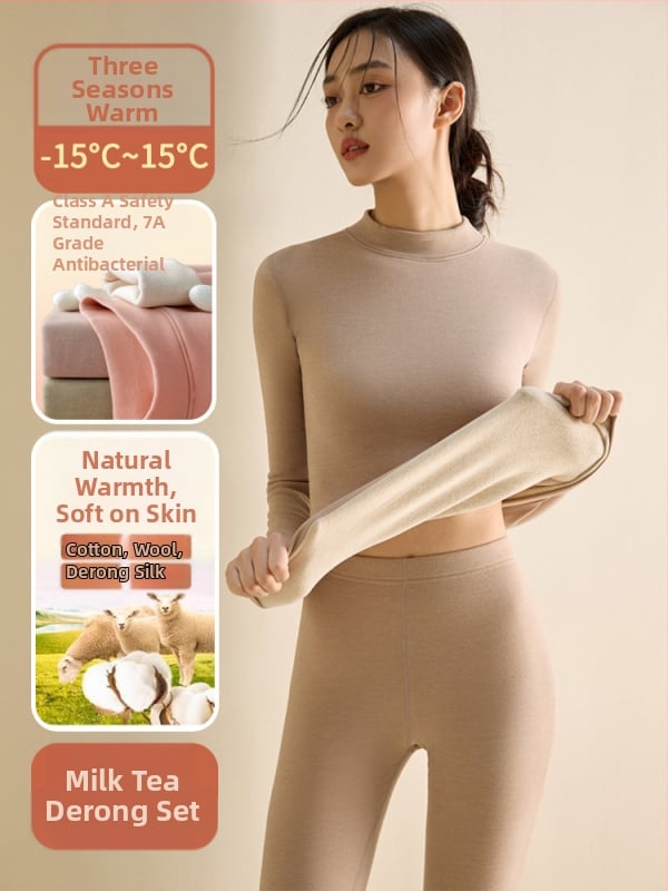 Set de lenjerie termică pentru femei din fibră de poliester, guler semi-turtleneck, strat dublu, țesătură groasă 251-300 g/m², căptușeală velur