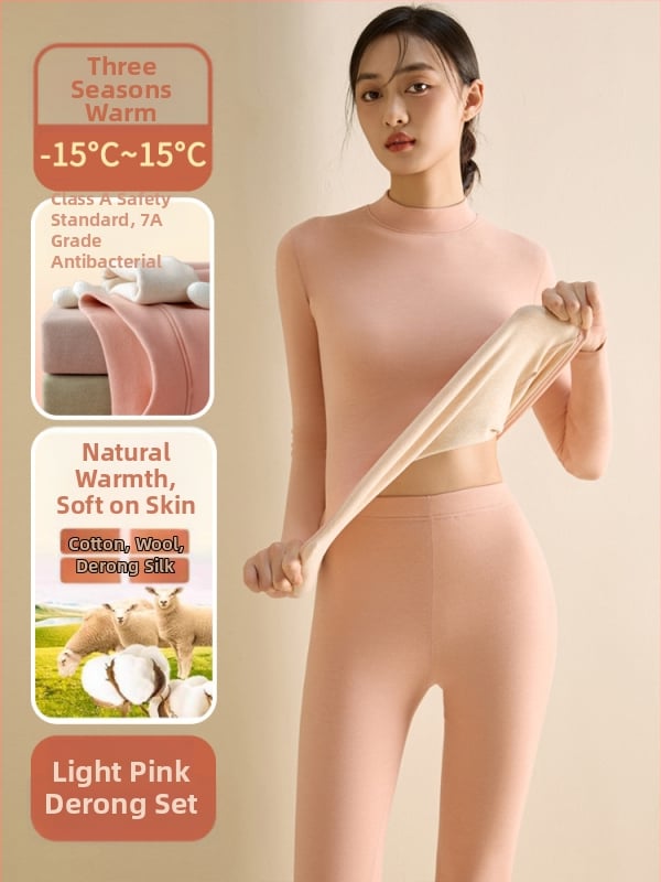 Set de lenjerie termică pentru femei din fibră de poliester, guler semi-turtleneck, strat dublu, țesătură groasă 251-300 g/m², căptușeală velur