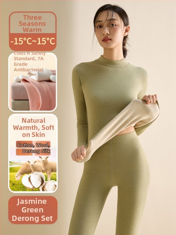 Set de lenjerie termică pentru femei din fibră de poliester, guler semi-turtleneck, strat dublu, țesătură groasă 251-300 g/m², căptușeală velur