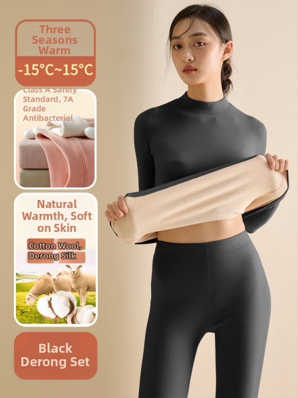 Set de lenjerie termică pentru femei din fibră de poliester, guler semi-turtleneck, strat dublu, țesătură groasă 251-300 g/m², căptușeală velur