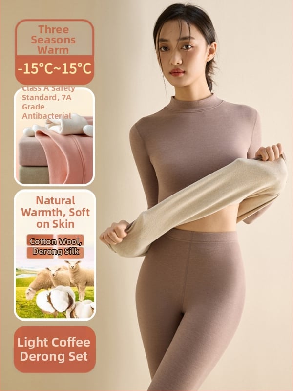 Set de lenjerie termică pentru femei din fibră de poliester, guler semi-turtleneck, strat dublu, țesătură groasă 251-300 g/m², căptușeală velur