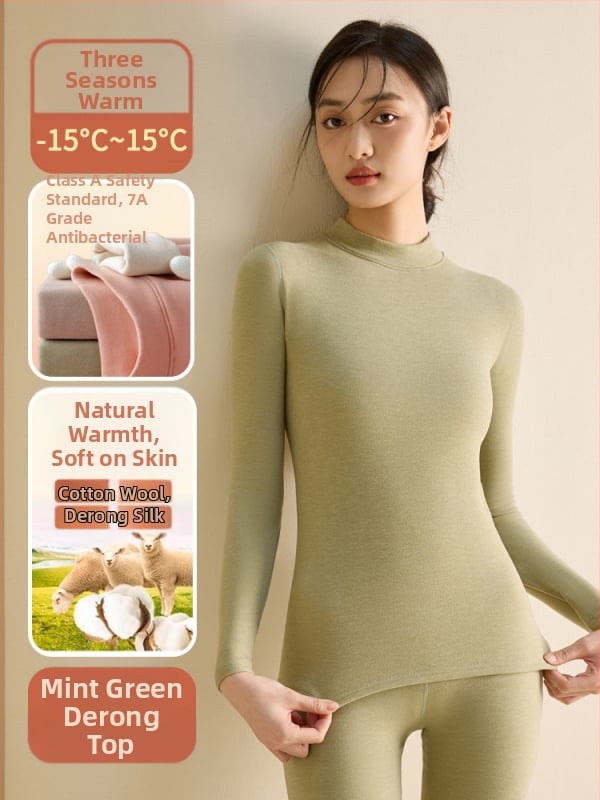 Set de lenjerie termică pentru femei din fibră de poliester, guler semi-turtleneck, strat dublu, țesătură groasă 251-300 g/m², căptușeală velur