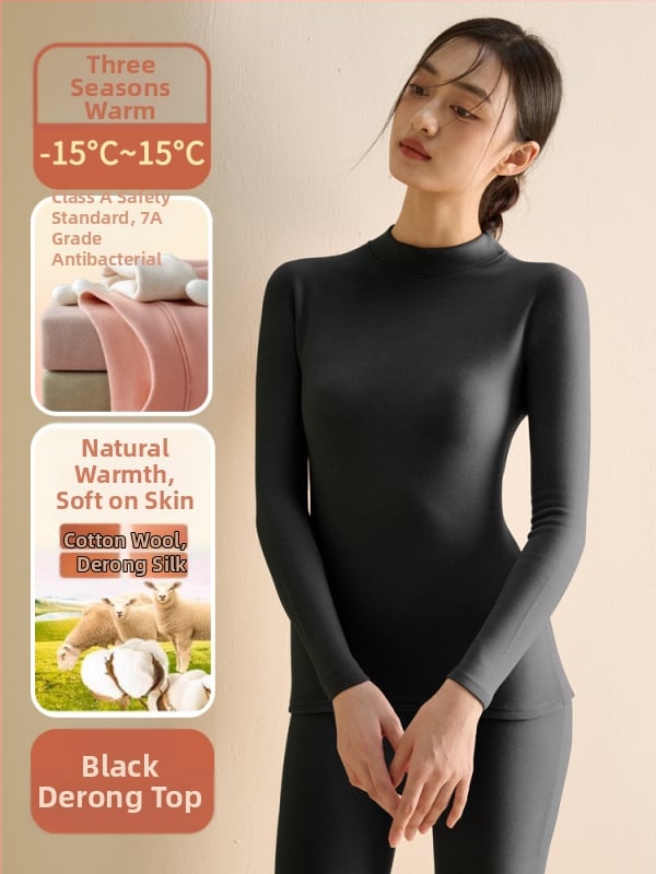 Set de lenjerie termică pentru femei din fibră de poliester, guler semi-turtleneck, strat dublu, țesătură groasă 251-300 g/m², căptușeală velur