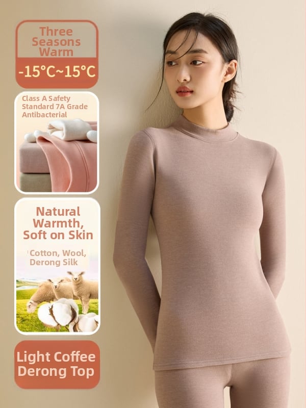 Set de lenjerie termică pentru femei din fibră de poliester, guler semi-turtleneck, strat dublu, țesătură groasă 251-300 g/m², căptușeală velur