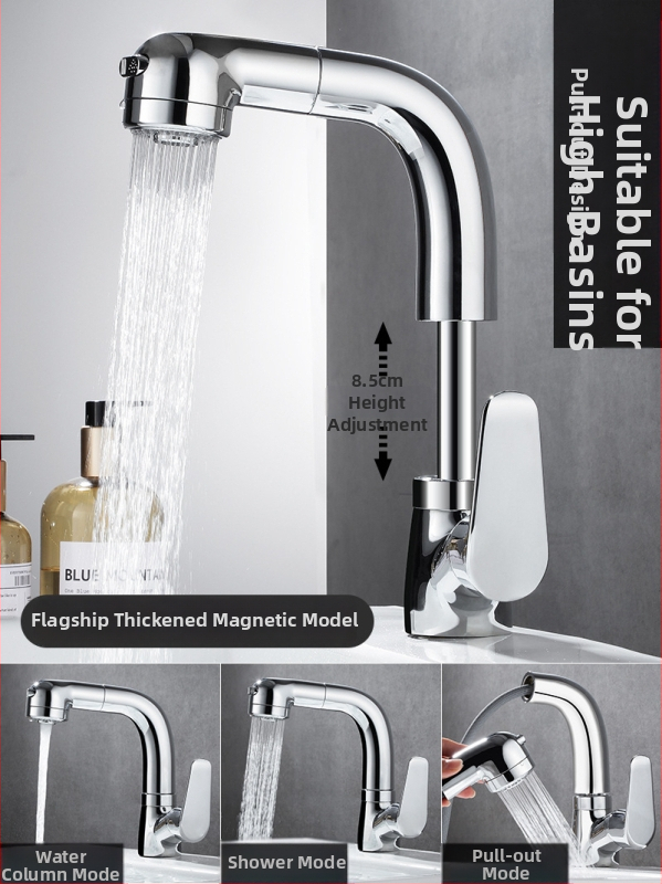 Meďový výsuvný kohútik na umývadlo, model JY-8057, otočný, keramická kartuš, zvislá inštalácia