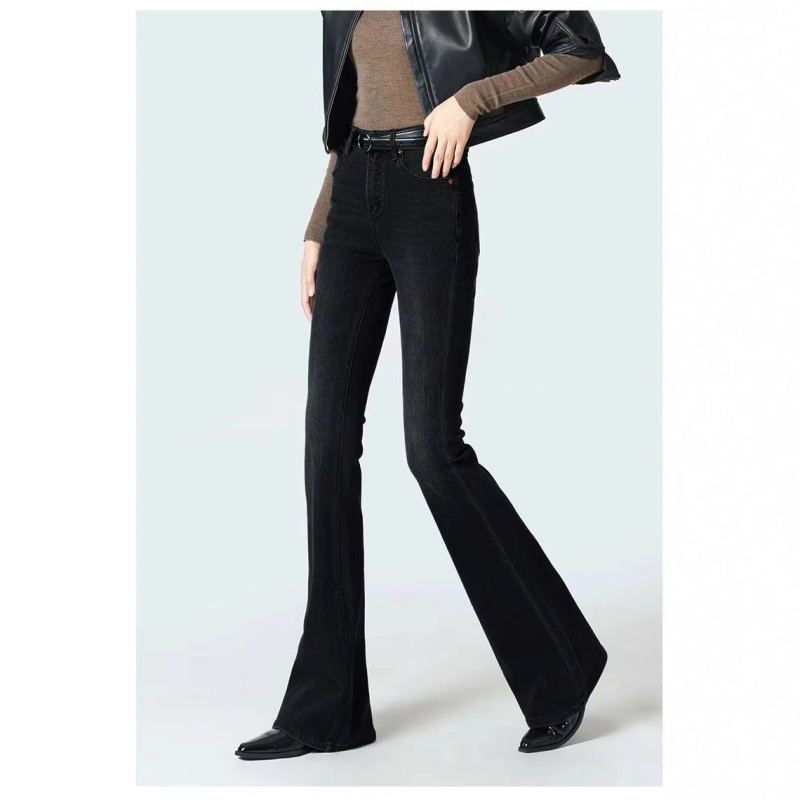 Blugi talie înaltă, căptușeală din fleece, denim cu elasticitate în patru direcții, bootcut pentru toamnă și iarnă