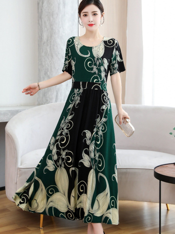 Šaty z viskózovej látky s kvetinovým vzorom, krátke rukávy, okrúhly výstrih, elastický pás, stredne dlhé, štýl princeznej.