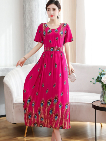 Šaty z viskózovej látky s kvetinovým vzorom, krátke rukávy, okrúhly výstrih, elastický pás, stredne dlhé, štýl princeznej.