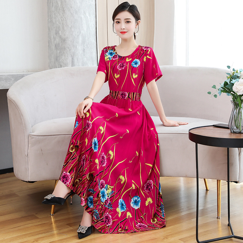 Šaty z viskózovej látky s kvetinovým vzorom, krátke rukávy, okrúhly výstrih, elastický pás, stredne dlhé, štýl princeznej.