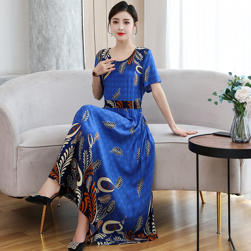 Šaty z viskózovej látky s kvetinovým vzorom, krátke rukávy, okrúhly výstrih, elastický pás, stredne dlhé, štýl princeznej.