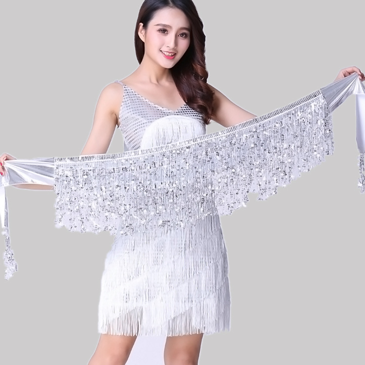 Costum de scenă pentru dansul belly cu lanț talie cu ciucuri, fustă cu paiete și eșarfă pentru braț - material bronzat poliester-spandex, 95% poliester, Primăvara 2024, pentru femei