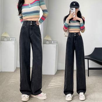 Jeansi de damă cu căptușeală fleece, croială dreaptă, talie înaltă, denim din bumbac, toamnă 2025