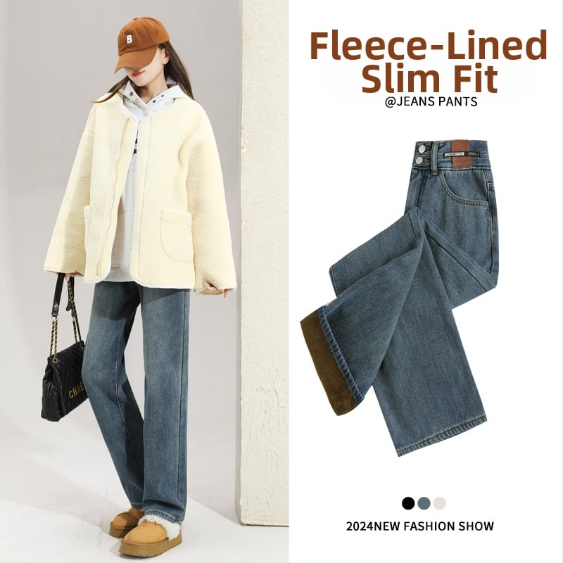 Jeansi de damă cu căptușeală fleece, croială dreaptă, talie înaltă, denim din bumbac, toamnă 2025