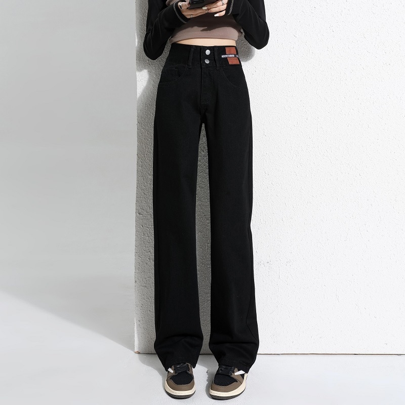 Jeansi de damă cu căptușeală fleece, croială dreaptă, talie înaltă, denim din bumbac, toamnă 2025