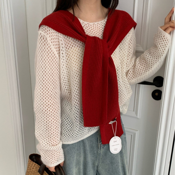 Șal tricotat în stil coreean pentru femei, fular decorativ din lână pentru primăvară și toamnă; compoziție 96% sau mai mult; stil: japonezo-coreean dulce; tricotare.