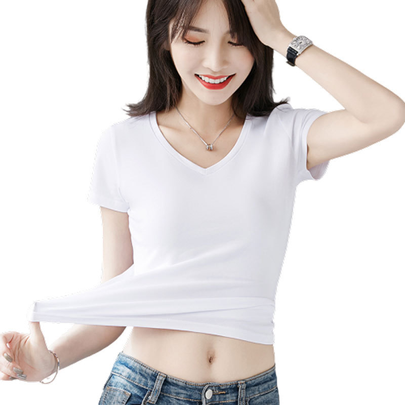 Γυναικεία βαμβακερή T‑shirt με V-λαιμό και κοντά μανίκια – κύριο ύφασμα 91–99% βαμβάκι, ελαστάν κάτω από 10%