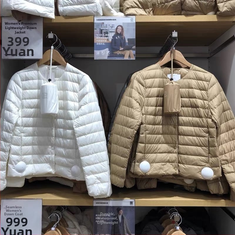 Dámska ľahká krátka bunda z bieleho kačacieho down, okrúhly výstrih, kasmírové výplň 51–55%