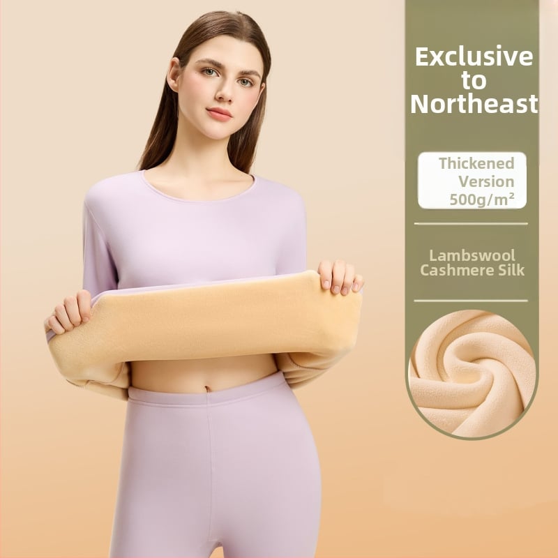 Set termic din lână de miel pentru femei, căptușeală din velur, guler rotund, mâneci lungi, pantaloni, grosime 251–300 g/m2, căldură de iarnă