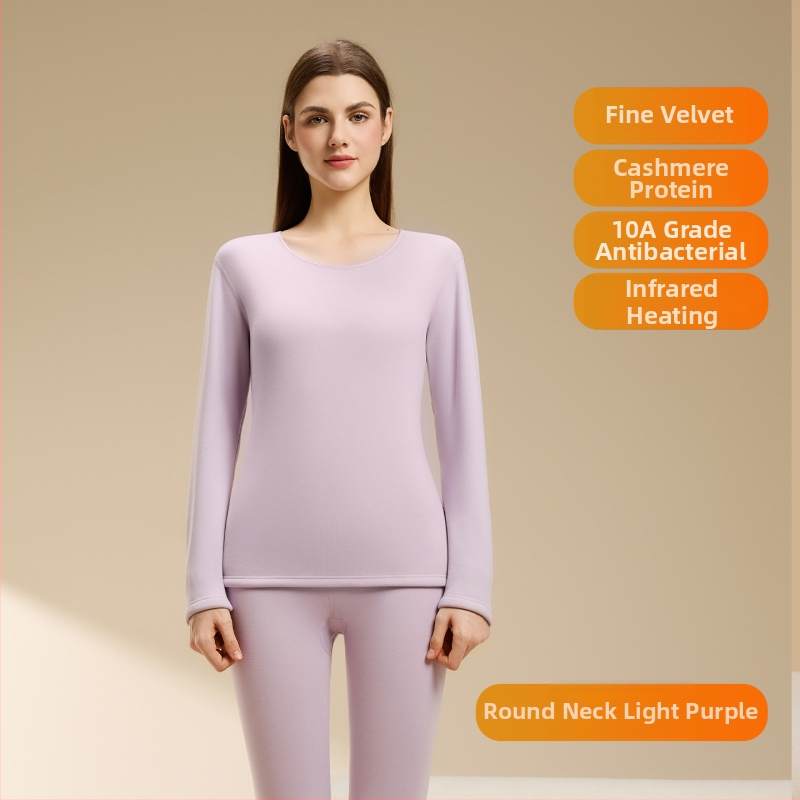 Set termic din lână de miel pentru femei, căptușeală din velur, guler rotund, mâneci lungi, pantaloni, grosime 251–300 g/m2, căldură de iarnă