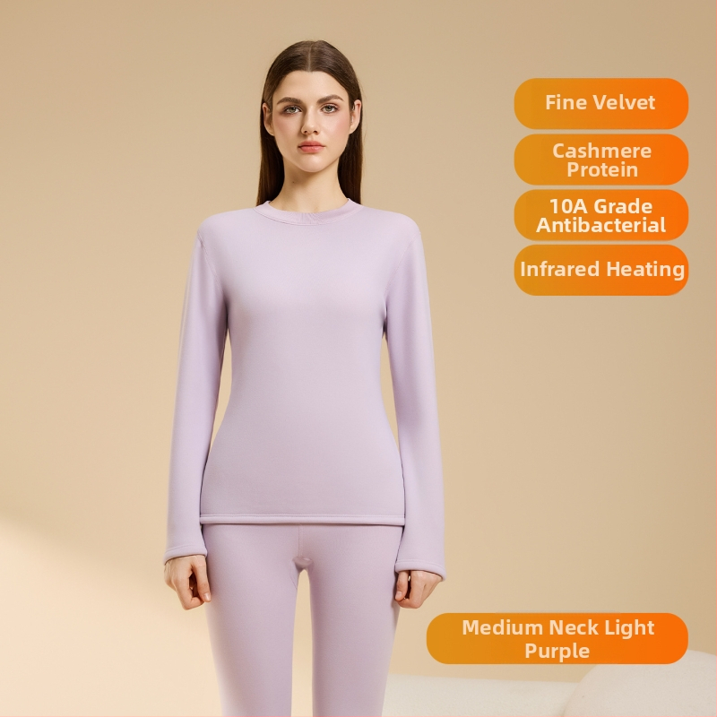 Set termic din lână de miel pentru femei, căptușeală din velur, guler rotund, mâneci lungi, pantaloni, grosime 251–300 g/m2, căldură de iarnă