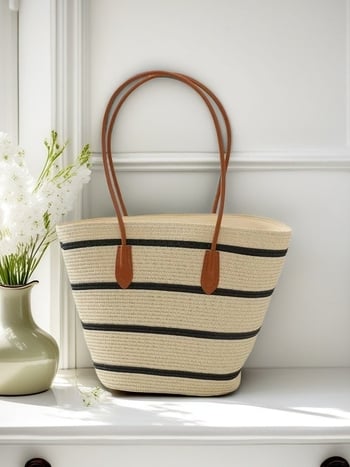 Moon Twist Ψάθινη τσάντα ώμου, bucket στυλ, ύφασμα από ψάθινο σχοινί, μεγάλη χωρητικότητα, κλείσιμο με φερμουάρ, επένδυση peach skin