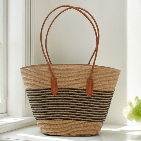 Moon Twist Ψάθινη τσάντα ώμου, bucket στυλ, ύφασμα από ψάθινο σχοινί, μεγάλη χωρητικότητα, κλείσιμο με φερμουάρ, επένδυση peach skin