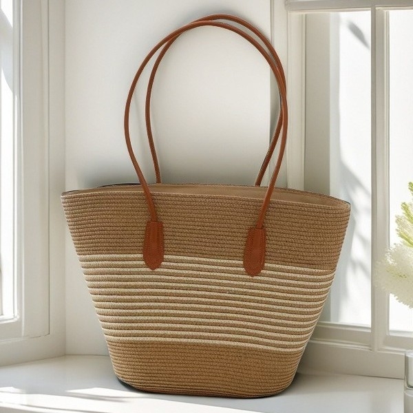 Moon Twist Ψάθινη τσάντα ώμου, bucket στυλ, ύφασμα από ψάθινο σχοινί, μεγάλη χωρητικότητα, κλείσιμο με φερμουάρ, επένδυση peach skin