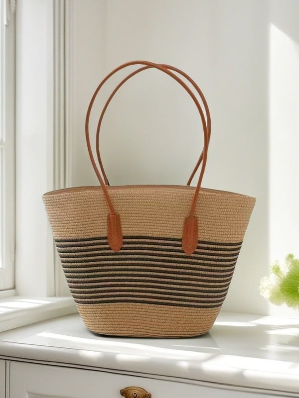 Moon Twist Ψάθινη τσάντα ώμου, bucket στυλ, ύφασμα από ψάθινο σχοινί, μεγάλη χωρητικότητα, κλείσιμο με φερμουάρ, επένδυση peach skin