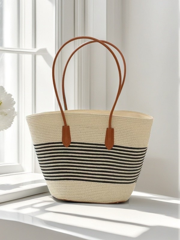 Moon Twist Ψάθινη τσάντα ώμου, bucket στυλ, ύφασμα από ψάθινο σχοινί, μεγάλη χωρητικότητα, κλείσιμο με φερμουάρ, επένδυση peach skin