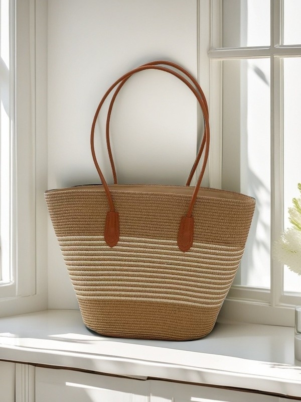 Moon Twist Ψάθινη τσάντα ώμου, bucket στυλ, ύφασμα από ψάθινο σχοινί, μεγάλη χωρητικότητα, κλείσιμο με φερμουάρ, επένδυση peach skin