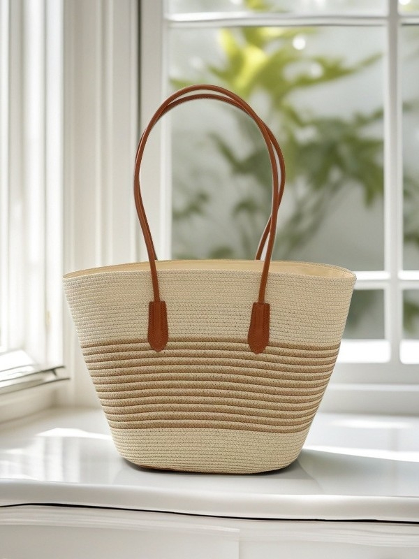 Moon Twist Ψάθινη τσάντα ώμου, bucket στυλ, ύφασμα από ψάθινο σχοινί, μεγάλη χωρητικότητα, κλείσιμο με φερμουάρ, επένδυση peach skin