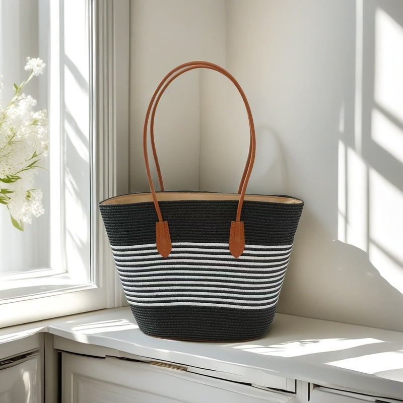 Moon Twist Ψάθινη τσάντα ώμου, bucket στυλ, ύφασμα από ψάθινο σχοινί, μεγάλη χωρητικότητα, κλείσιμο με φερμουάρ, επένδυση peach skin