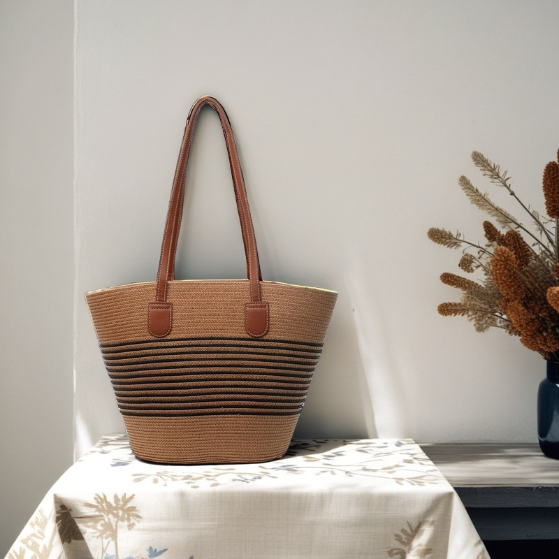 Moon Twist Ψάθινη τσάντα ώμου, bucket στυλ, ύφασμα από ψάθινο σχοινί, μεγάλη χωρητικότητα, κλείσιμο με φερμουάρ, επένδυση peach skin