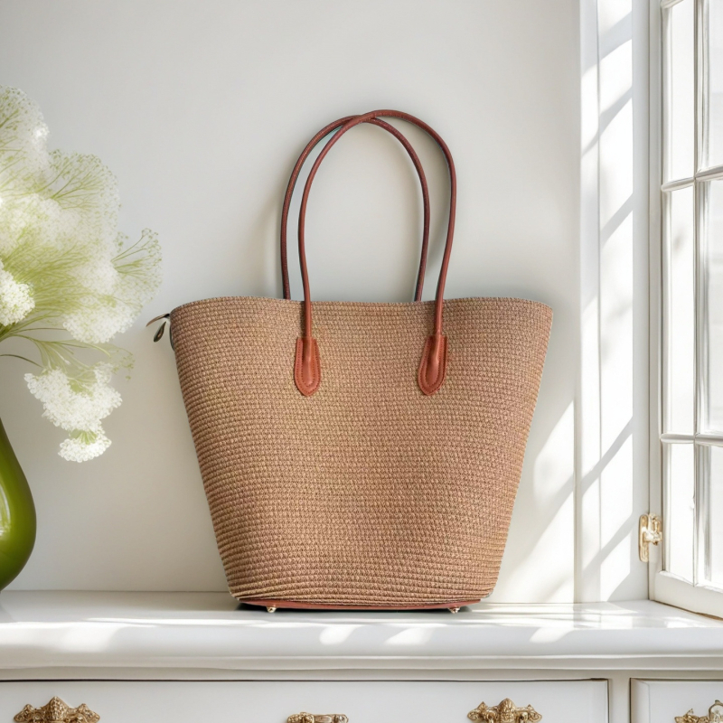 Moon Twist Ψάθινη τσάντα ώμου, bucket στυλ, ύφασμα από ψάθινο σχοινί, μεγάλη χωρητικότητα, κλείσιμο με φερμουάρ, επένδυση peach skin