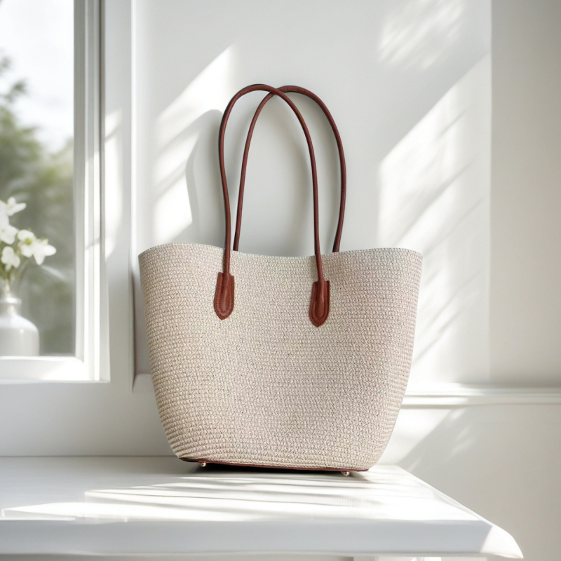 Moon Twist Ψάθινη τσάντα ώμου, bucket στυλ, ύφασμα από ψάθινο σχοινί, μεγάλη χωρητικότητα, κλείσιμο με φερμουάρ, επένδυση peach skin