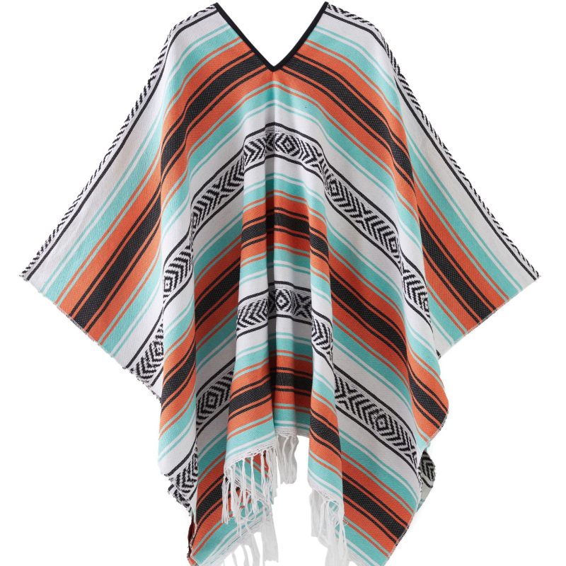 Șal mexican geometric cu ciucuri – țesut, poliester, 800–999 g, model cu dungi, personalizare disponibilă, Clasa I