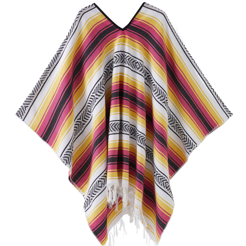 Șal mexican geometric cu ciucuri – țesut, poliester, 800–999 g, model cu dungi, personalizare disponibilă, Clasa I