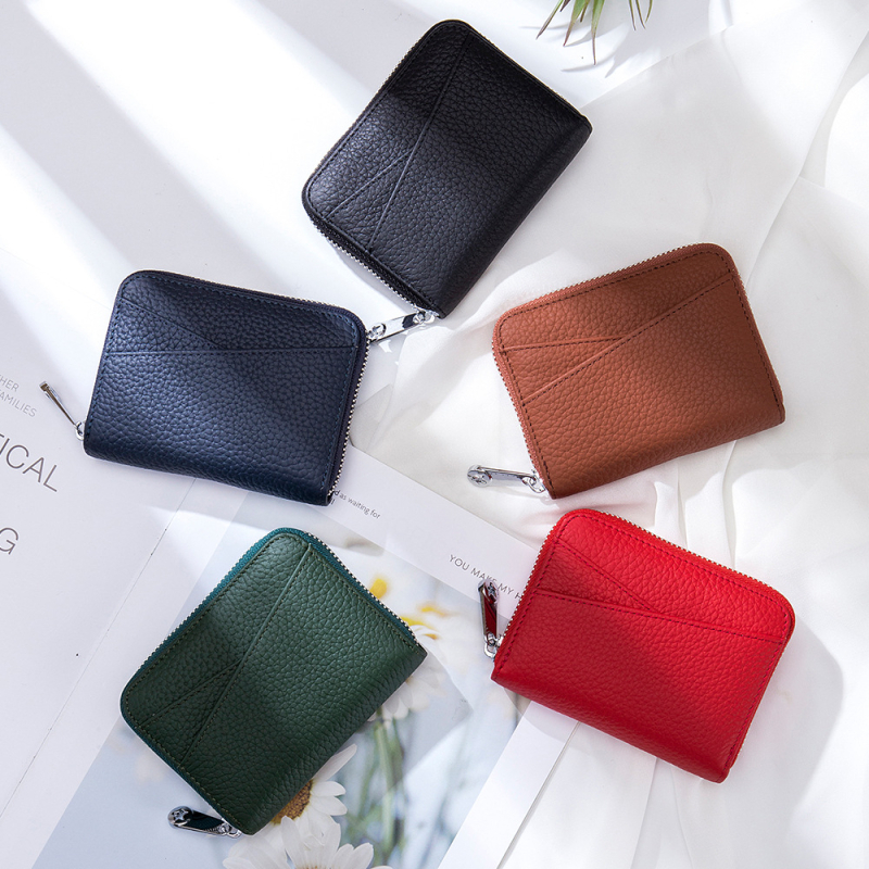 Unisex držač kartica s RFID zaštitom i zatvaračem, akordeonski novčanik za više kartica, pravakoža, gornji sloj bivlje kože, jednobojna, dizajn s 2 slojevima, poliester podstava