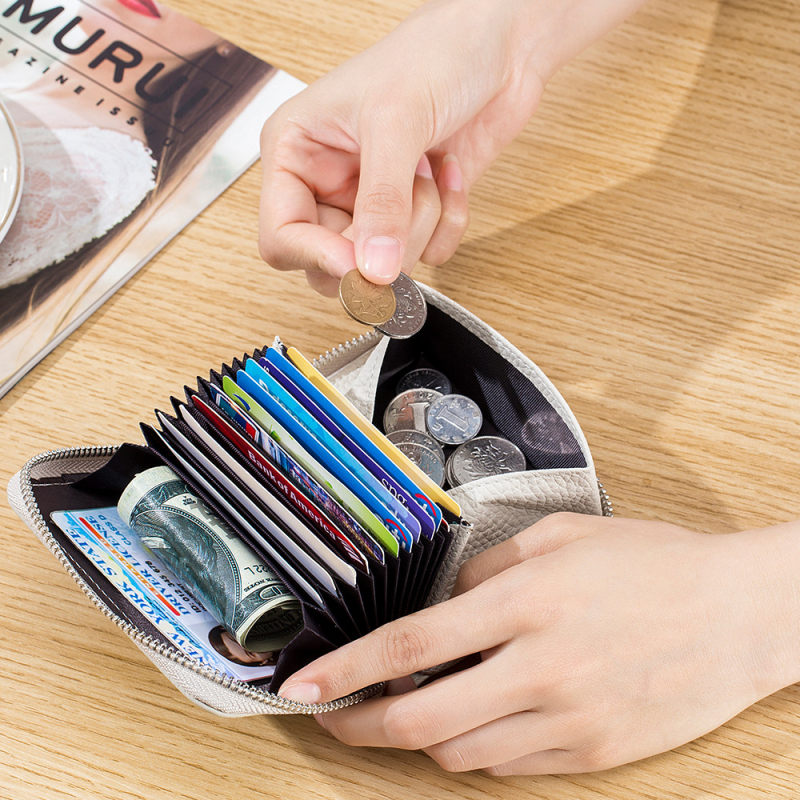 Unisex držač kartica s RFID zaštitom i zatvaračem, akordeonski novčanik za više kartica, pravakoža, gornji sloj bivlje kože, jednobojna, dizajn s 2 slojevima, poliester podstava