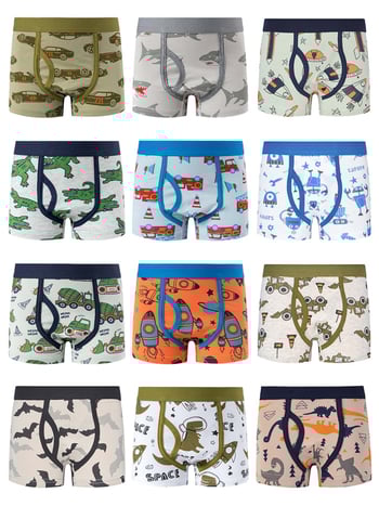 Boxeri pentru băieți – 95% bumbac, Clasa A, pentru 3–8 ani, design cu dinozaur, mașină de pompieri și spațiu