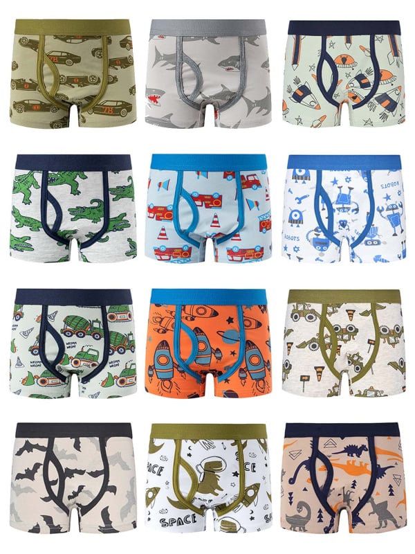 Boxeri pentru băieți – 95% bumbac, Clasa A, pentru 3–8 ani, design cu dinozaur, mașină de pompieri și spațiu