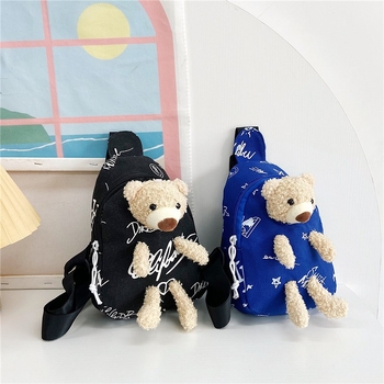 Geantă pentru copii din pânză, cu decor ursuleț, stil proaspăt și drăguț, închidere cu fermoar, model peisaj