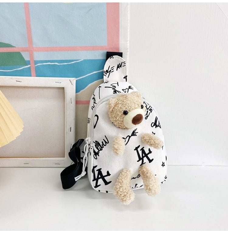 Geantă pentru copii din pânză, cu decor ursuleț, stil proaspăt și drăguț, închidere cu fermoar, model peisaj
