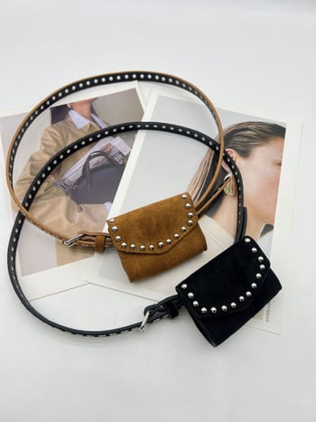 Curea pentru femei din PU cu nituri decorative, stil de călătorie de agrement, căptușeală PU, închidere tip capac, toamnă 2025